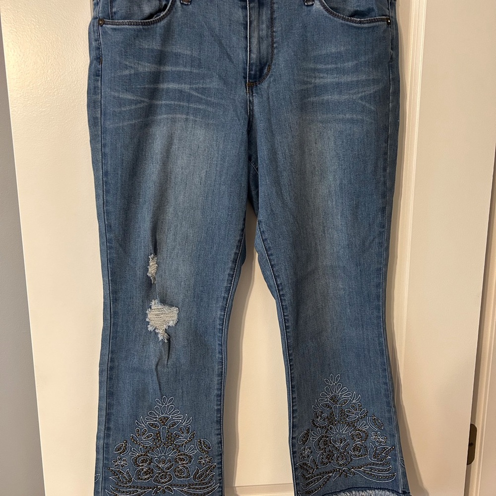 VENUS Blue Flare Jeans with Floral Embroidery